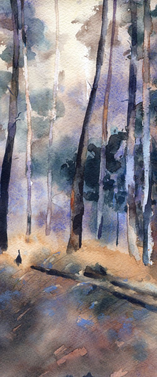 Forest at dusk, watercolor painting by Yulia Evsyukova