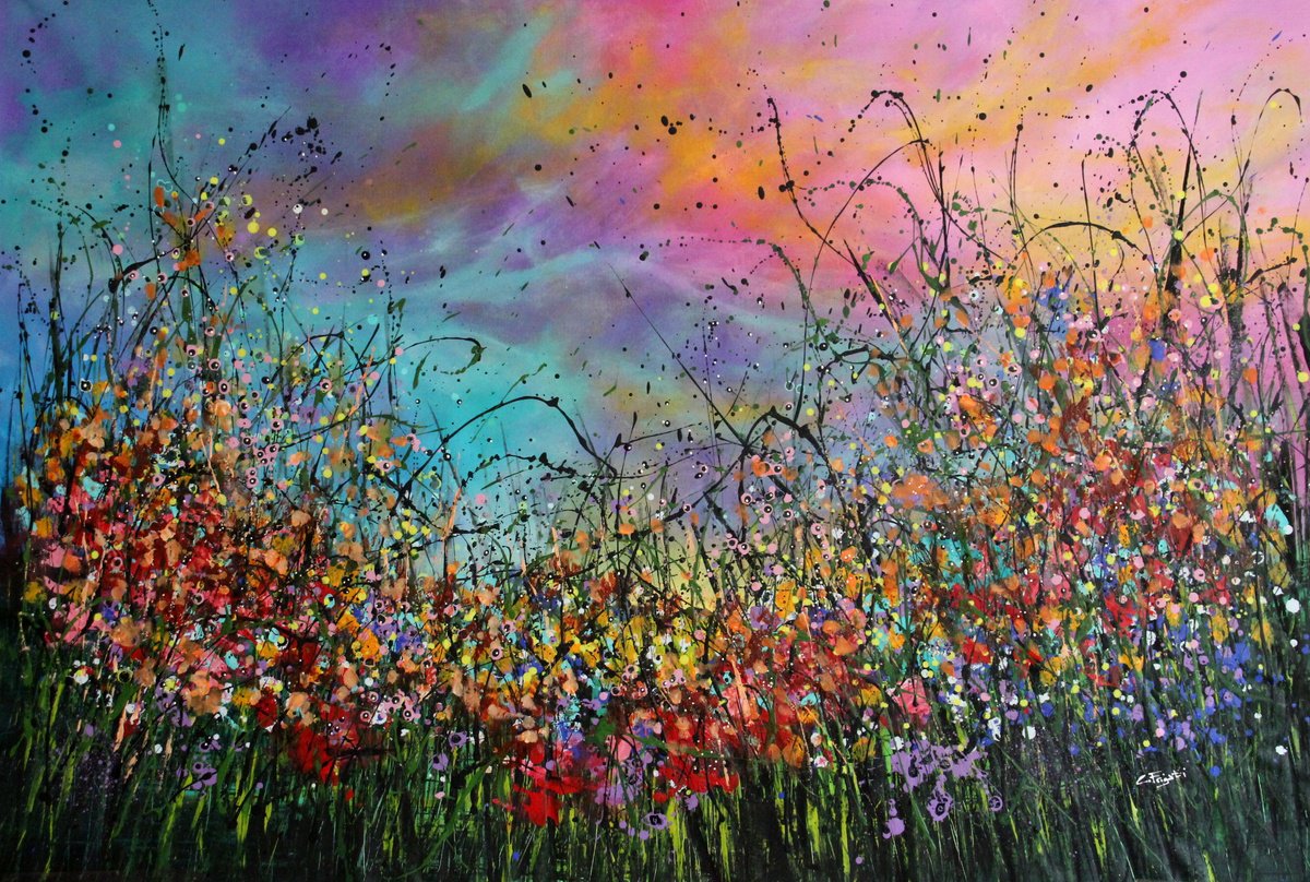 Expressive Botanical Acrylic Painting By Cecilia Frigati, 58 X 39, Radiance #3, Original Artwork