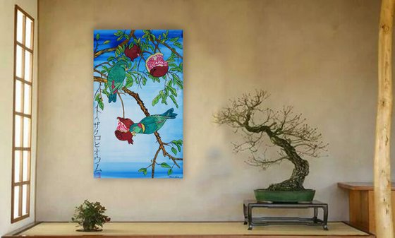 pomegranate and parrots Japan Hieroglyph original artwork in japanese style J102 ready to hang painting acrylic on stretched canvas wall art