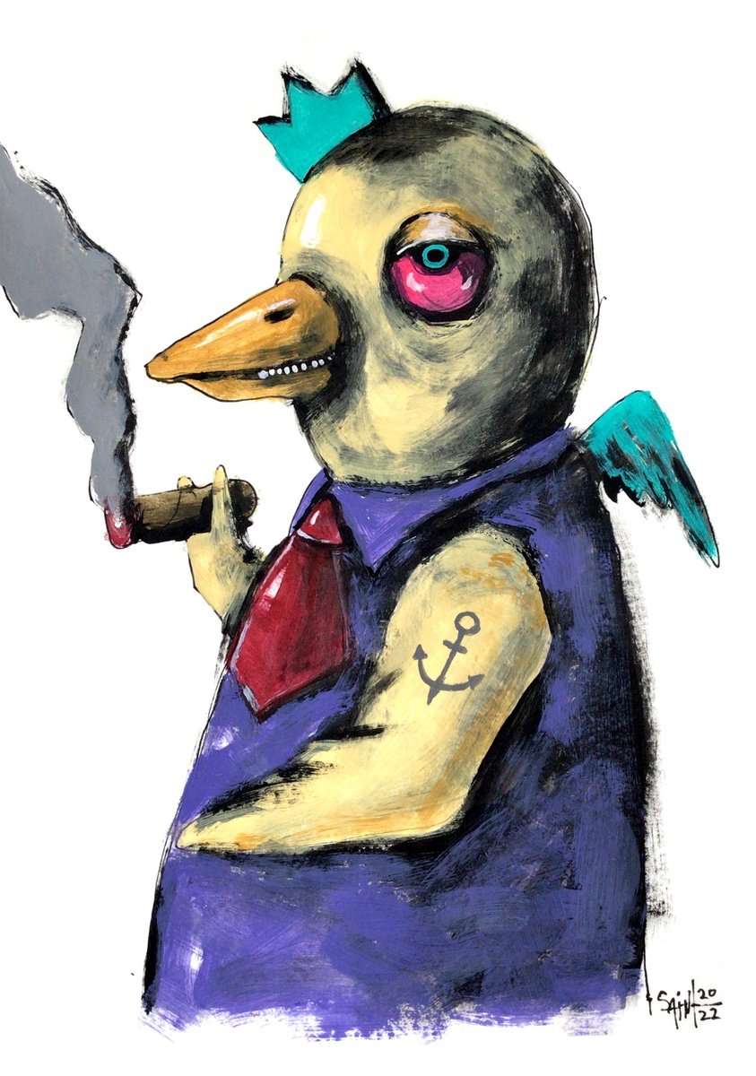#106 Smoke bird portrait painting original art, Horror Naive Outsider Folk Art Brut Strang... by Ruslan Aksenov