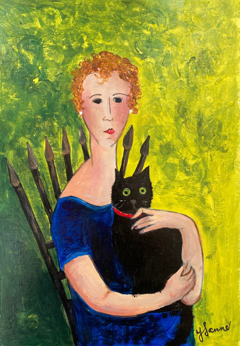 Woman Blue dress black Cat by Teresa Tanner