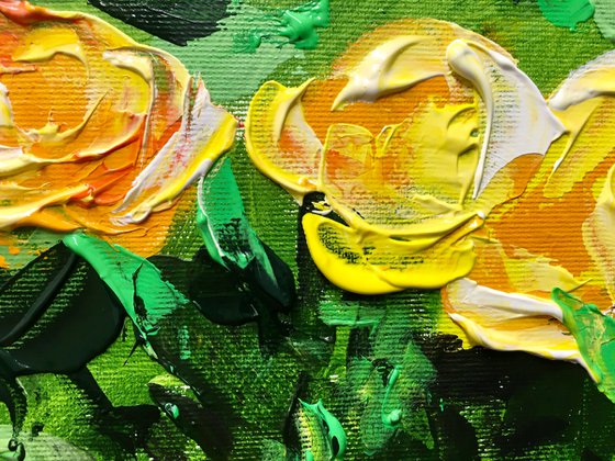 FIELD OF YELLOW, ORANGE, WHITE  ROSES  palette knife modern decor MEADOW OF FlOWERS, LANDSCAPE,  office home decor gift