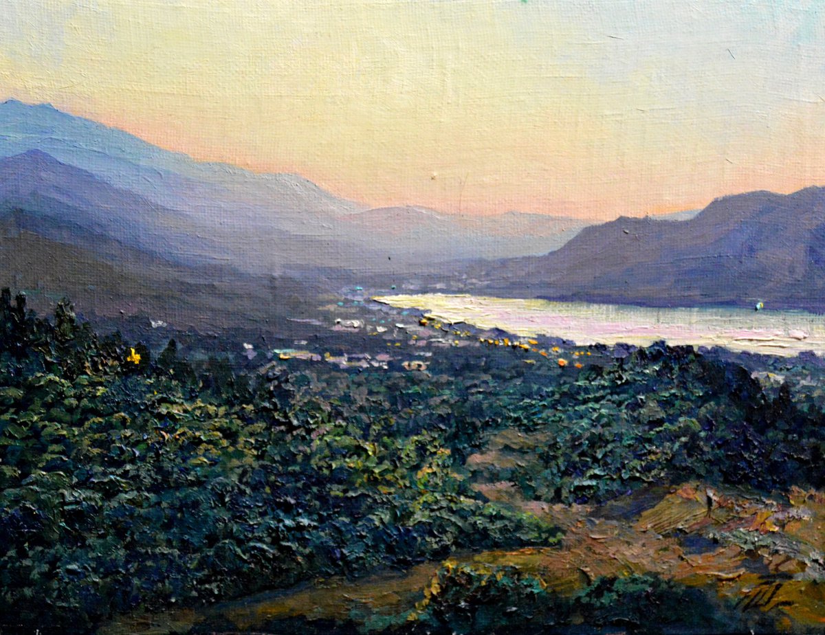 Sunset in Crete Greece. Realistic oil painting by Dmitry Revyakin