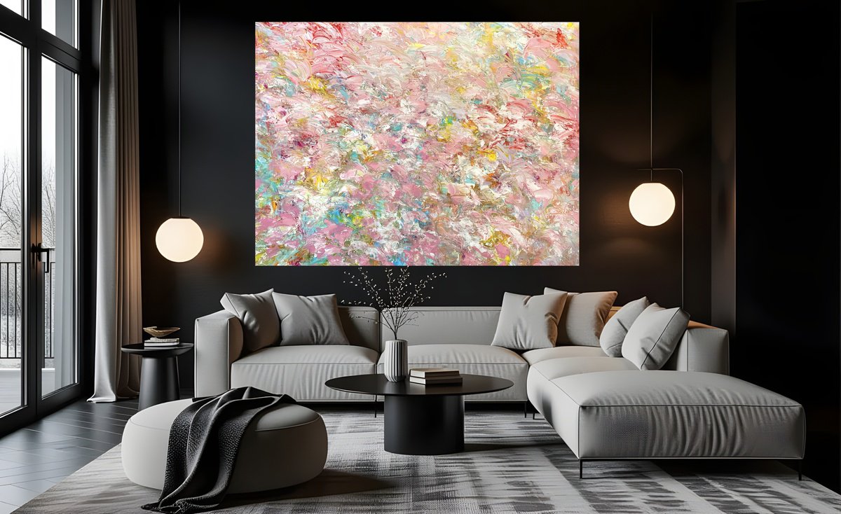 Organic Abstract Acrylic Painting By Estelle Asmodelle, 64 X 48, Pink Clouded Blue, Original Artwork