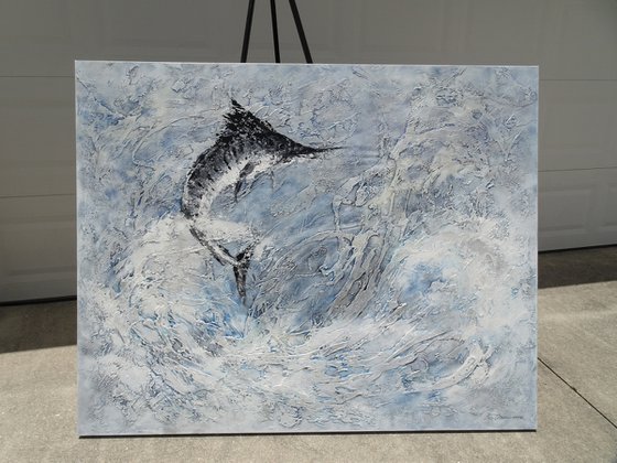 BLUE MARLIN JUMP. Large Abstract Fish Painting