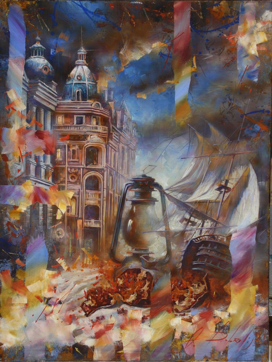 Surrealistic Cityscapes Oil Painting By Alexandr Dobrodiy, 24 X 31, Winter Evening, Original Artwork