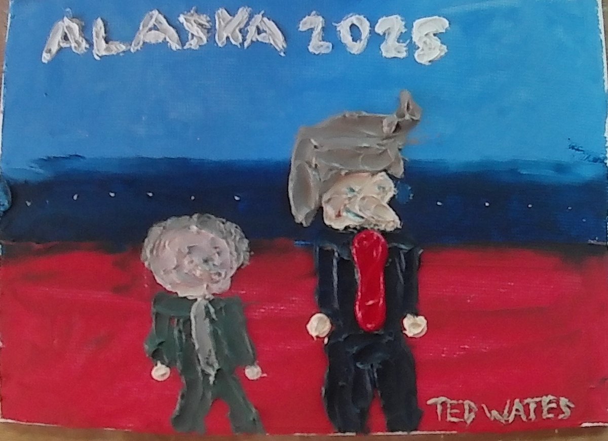 Naive Portrait Oil Painting By Ted Wates, 7 X 5", Donald And Putin, Original Artwork