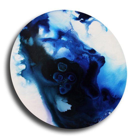 BLUE UNIVERSE - ABSTRACT PAINTING - ROUND CANVAS DIAMETER 74 CMS