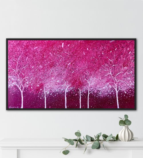 Abstract pink garden painting on canvas by Volodymyr Smoliak