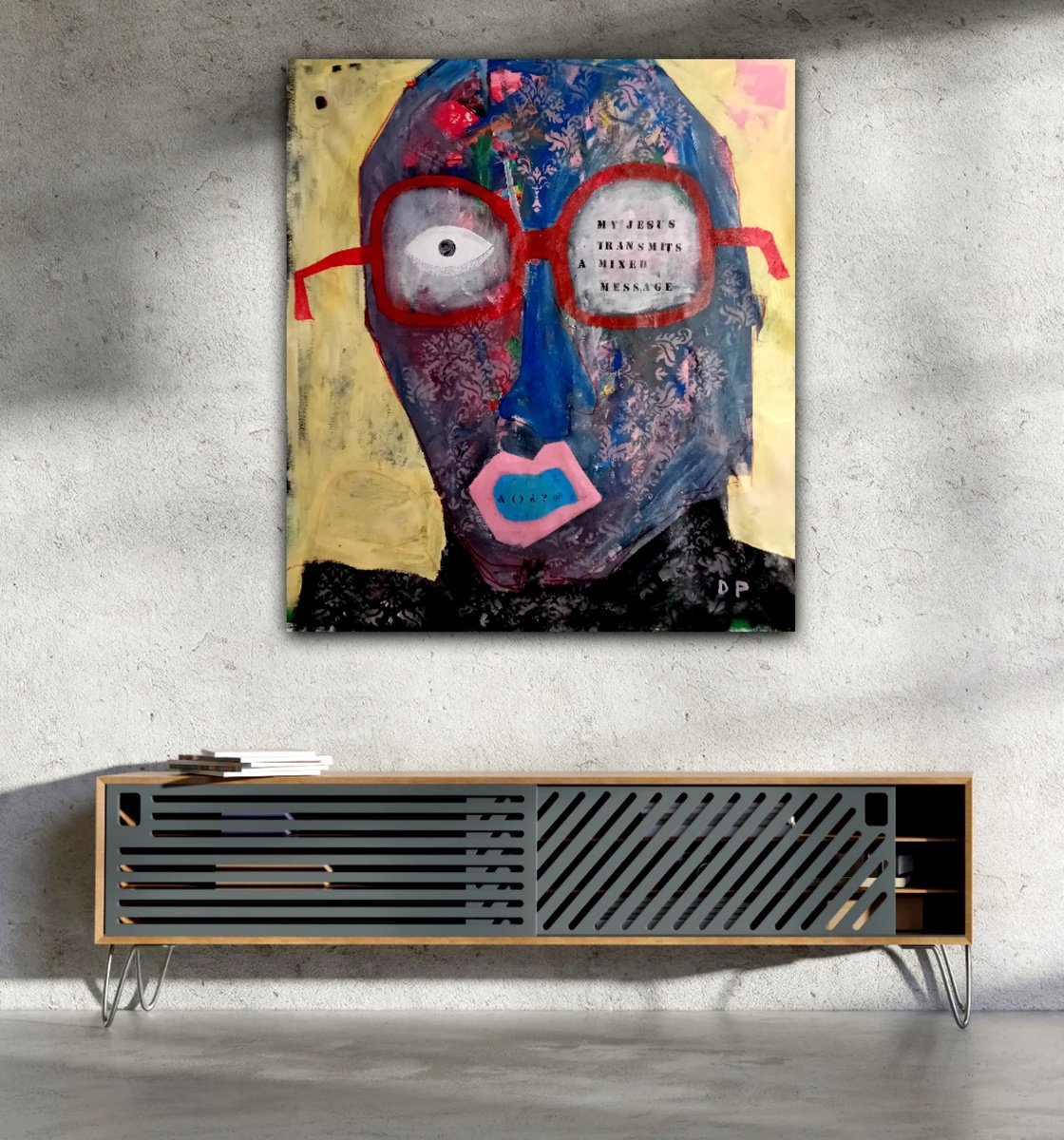 Abstract Portrait Acrylic Painting By Dimitris Pavlopoulos, 39 X 45, Mixed Message, Original Artwork