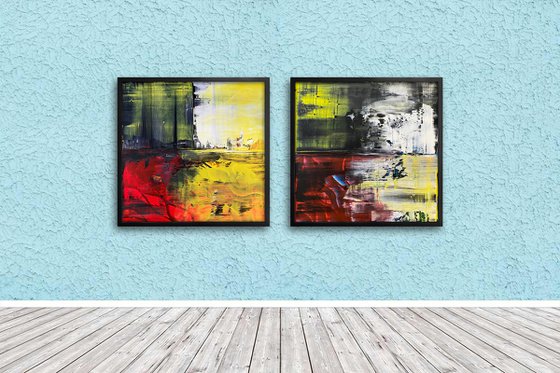 "We're Coming For You" - Save As A Series - Original PMS Abstract Diptych Acrylic Paintings On Wooden Panels, Framed - 52" x 26"