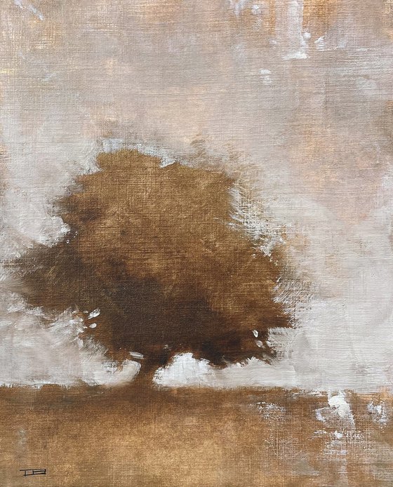 Golden Oak Tree 211027a, Tonal style metallic tree painting