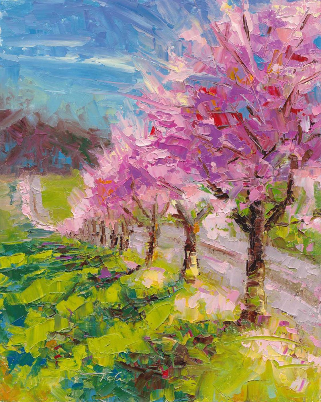 Up And Over - Plein Air Ornamental Plum Blossoms Oil Painting By Talya 