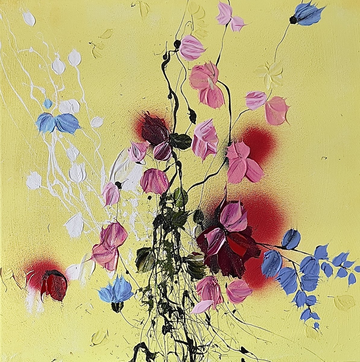 ,,Yellow Day #3" acrylic square artwork with roses 50x50cm by Anastassia Skopp