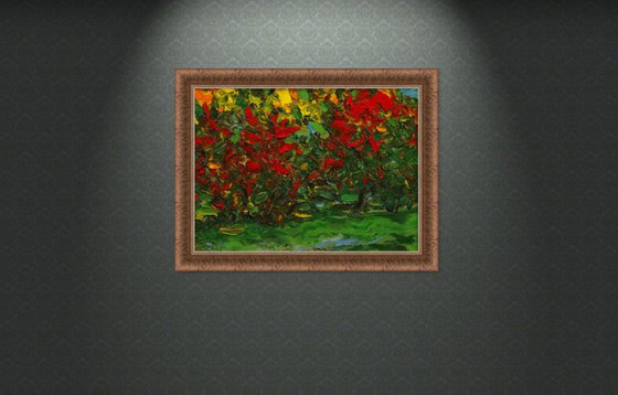 AUTUMN - original oil painting, green red coloured pond leaves, small size