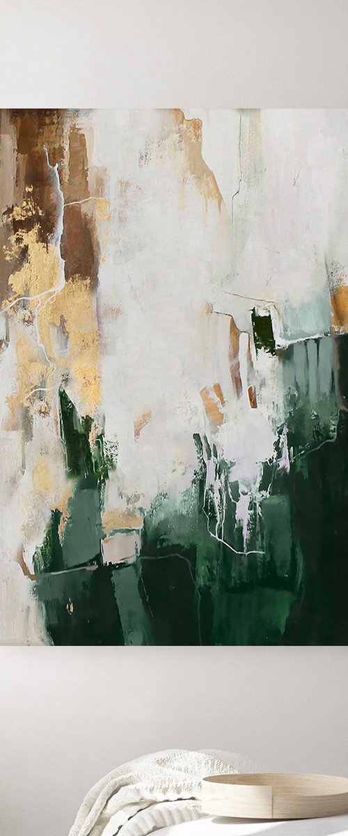 "Green Bloom 2" Green gold abstract art by Yana Sagan