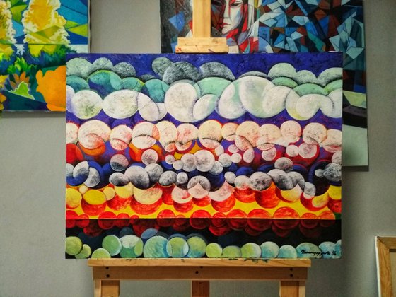 Unique sunset (60x80cm, cubism, oil painting, ready to hang)