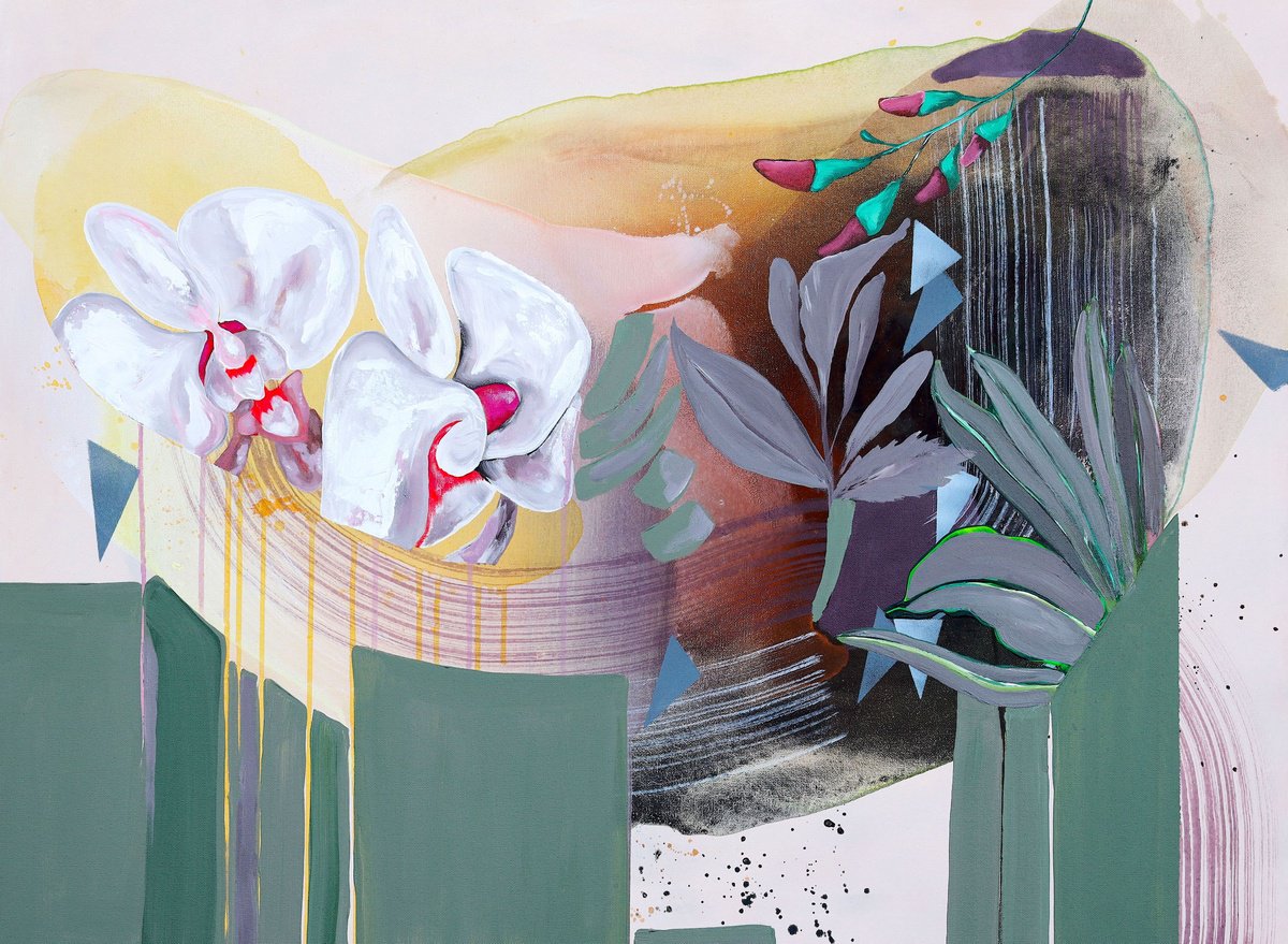 Abstract Botanical Acrylic Painting By Poovi Art, 40 X 30", Believer, Original Artwork