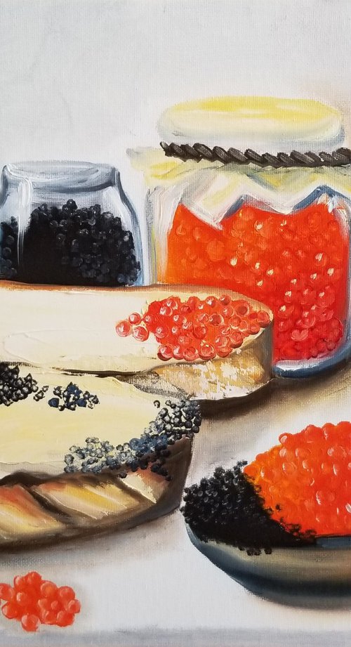 Still Life with Red and Black Caviar. Original Oil Painting. Interior painting with traditional Russian treat. by Alexandra Tomorskaya/Caramel Art Gallery