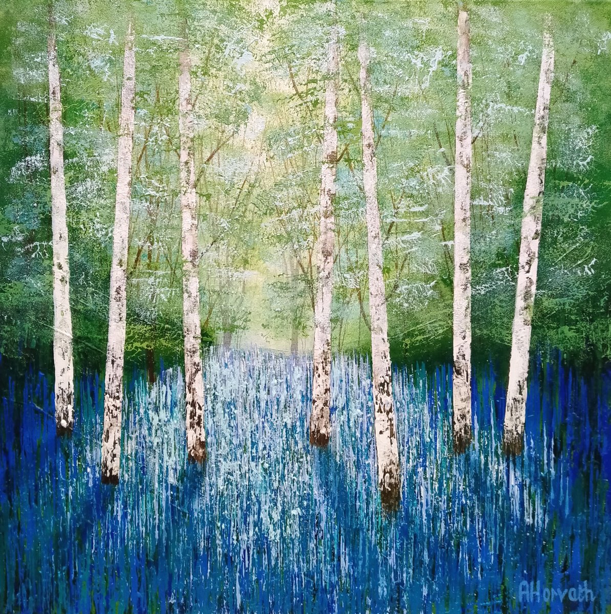 Impressionistic Landscape Acrylic Painting By Amanda Horvath, 20 X 20, By The Calm Blue Glade, Original Artwork