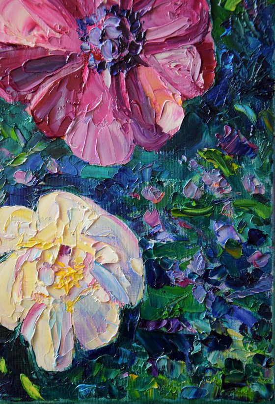 Flowers textured oil painting on canvas, Anemones with palette knife