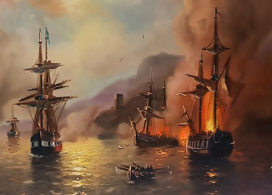 Naval battle (100x90cm, oil painting)