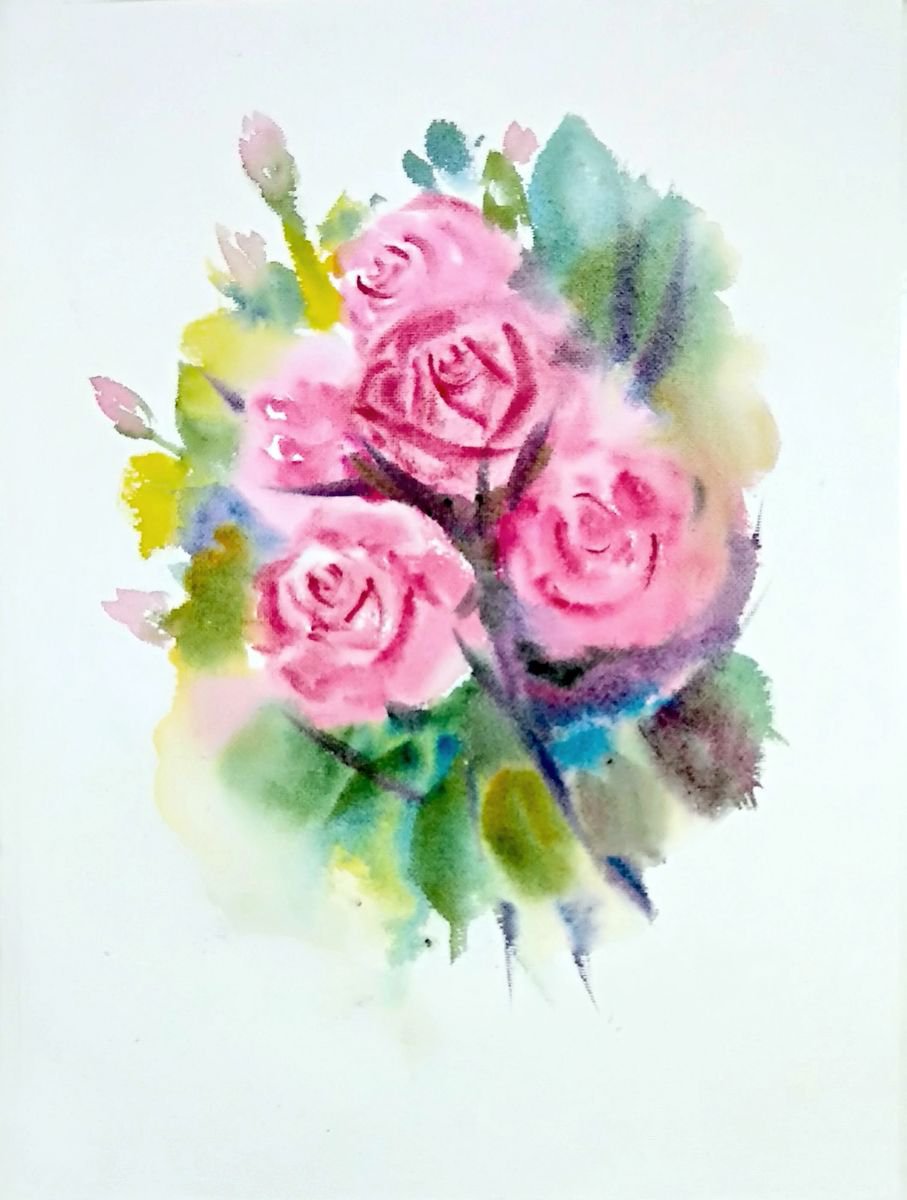 Five pink watercolor Roses Flowers Floral painting- 10.25x 14 by Asha Shenoy