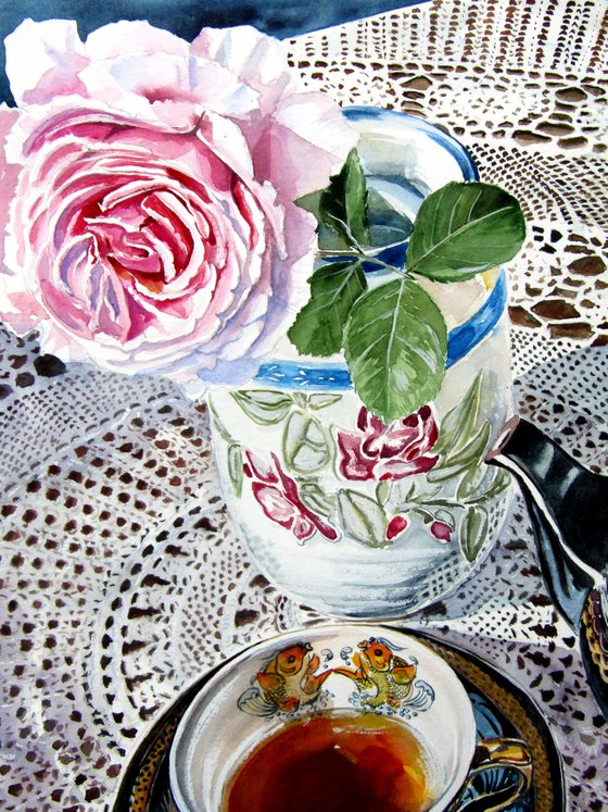 Still life with rose and tea set