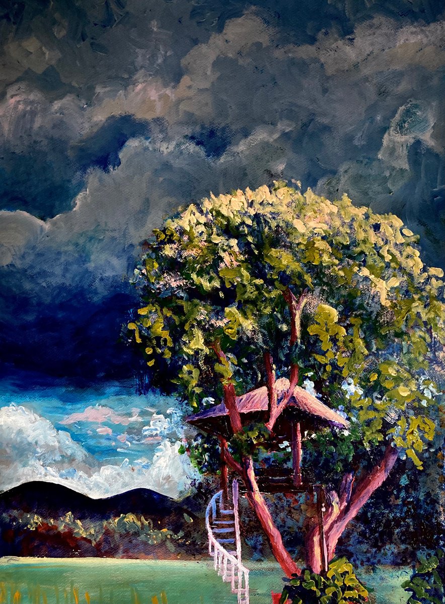 Impressionistic Landscape Acrylic Painting By John Cottee, 22 X 30, Treehouse, Original Artwork