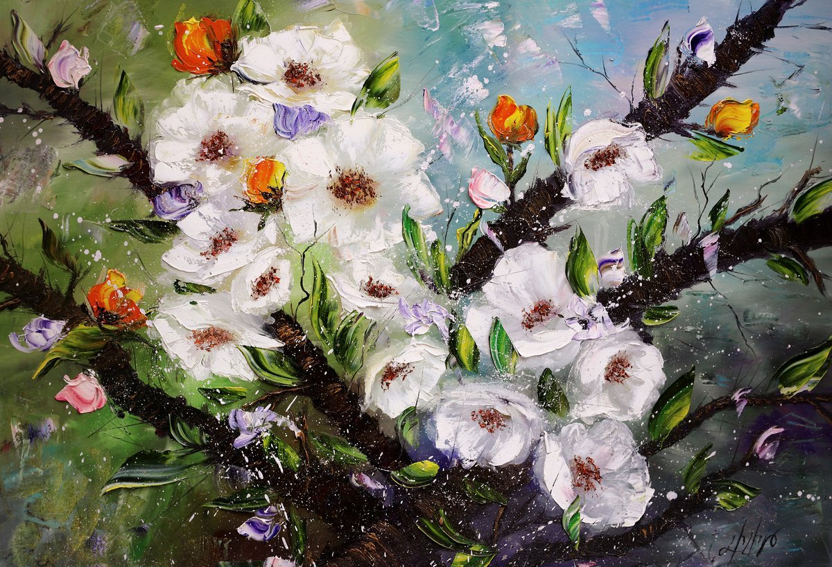 Impressionistic Landscape Oil Painting By Lilith Tonakanyan, 31 X 24", Blooming Orchard, Original Artwork