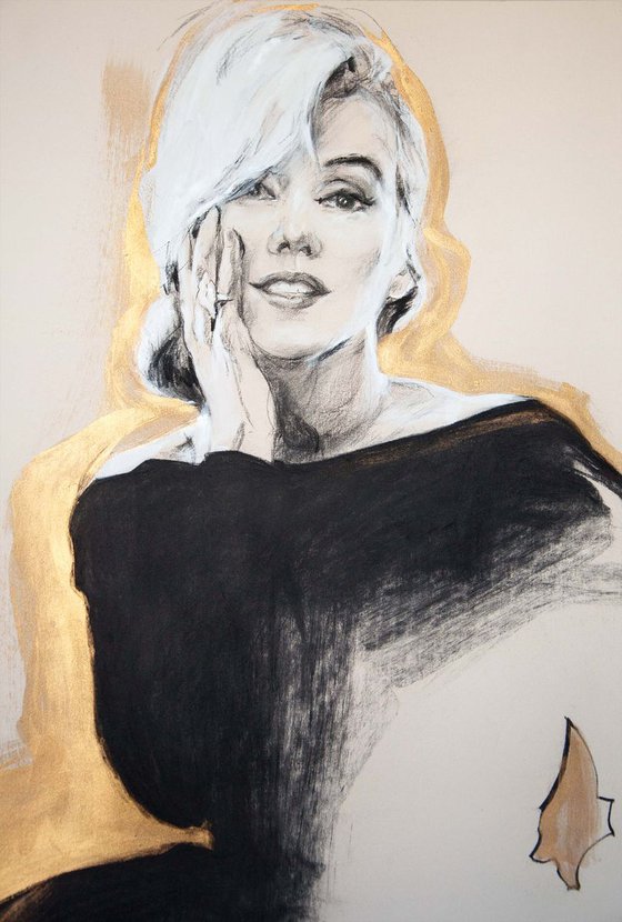 XXL drawing Golden Marilyn Monroe #2/Charcoal Modern Expressive Drawing Portrait /Celebrity/Portrait