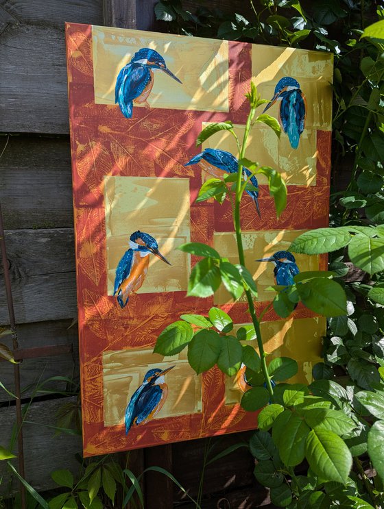 Seven kingfishers in acrylic