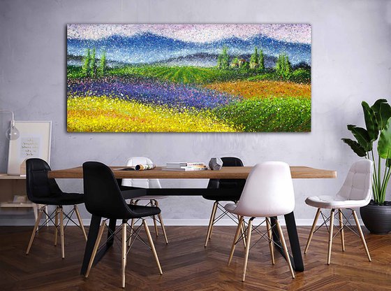 Large lavender wheat Impressionist Painting Large Summer fields Beautiful landscape