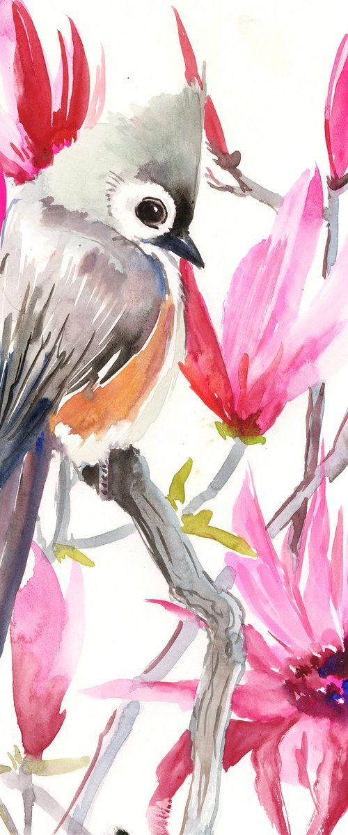 Titmouse Bird and magnolia Flowers by Suren Nersisyan