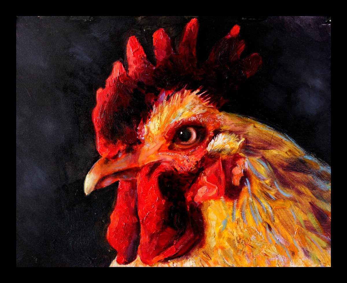 Impressionistic Animal Oil Painting By Khanlar Asadullayev, 18 X 14", Red Cock, Original Artwork