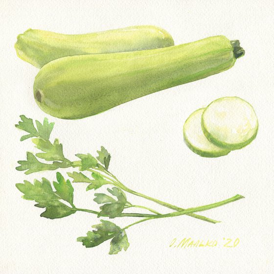 Veggies 2. Zucchini and greens / Original vegetables watercolor. Modern picture for kitchen