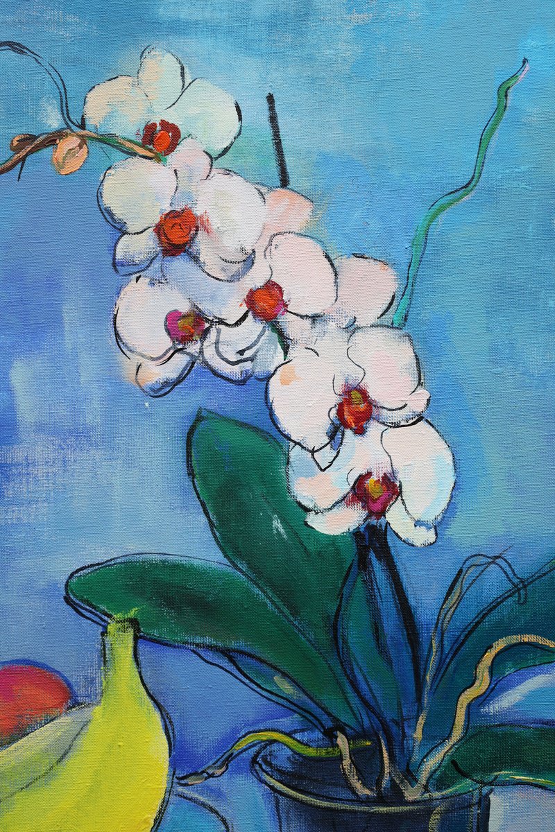 Impressionistic Still Life Acrylic Painting By Artem Andreichuk, 31 X 37, Orchid And Fruits, Original Artwork