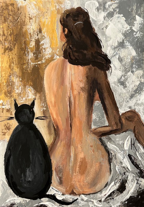 Nude Painting Woman Original Art Black Cat Acrylic Impasto Artwork Dali Home Wall Art 12 by 17" by Halyna Kirichenko