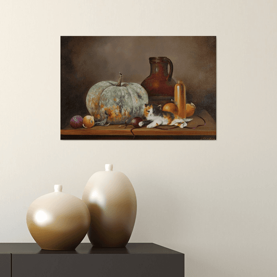 Pumpkin and Kitten Still Life