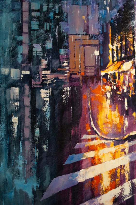 Night city after rain , big painting 80х60