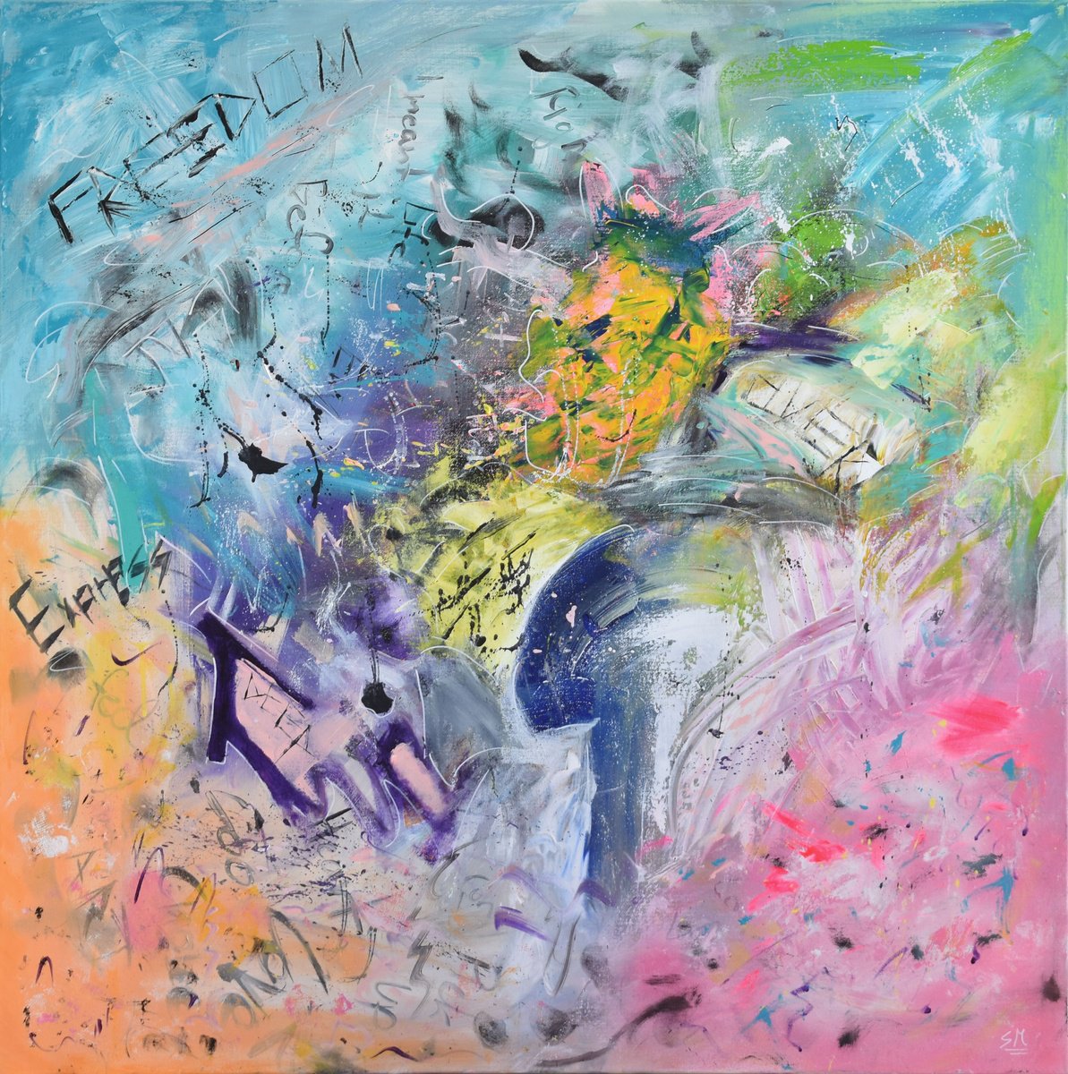 Abstract Acrylic Painting By Sebastian Merk, 39 X 39", Freedom, Original Artwork