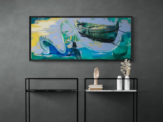 Big painting - "Swimming girl" - Pop Art - Lake - Boat - Bright seascape - Girl in water