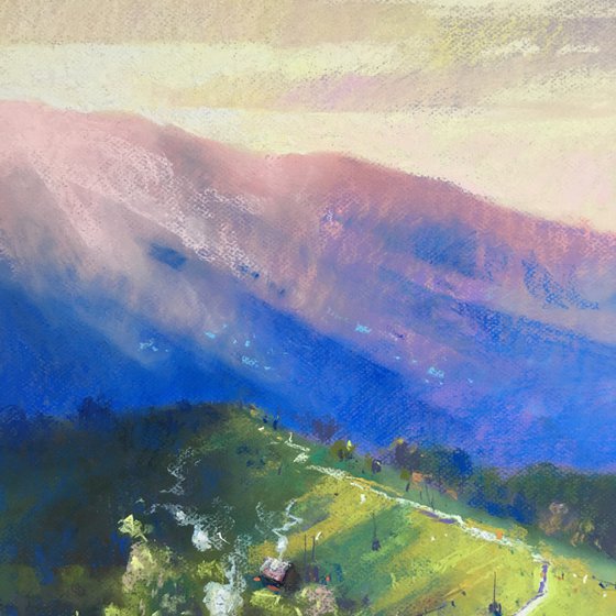 Ukrainian art Sunrise in Mountains Carpathian. Soft pastel 19.6x19.6 inch (50x50 cm)