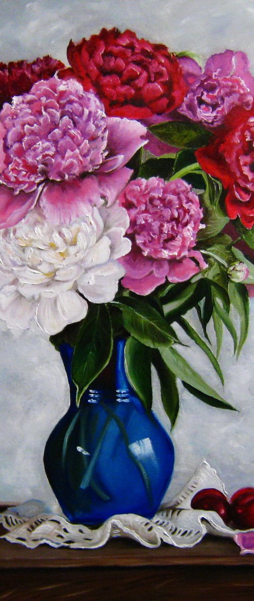 Peonies in Blue Vase by Natalia Shaykina