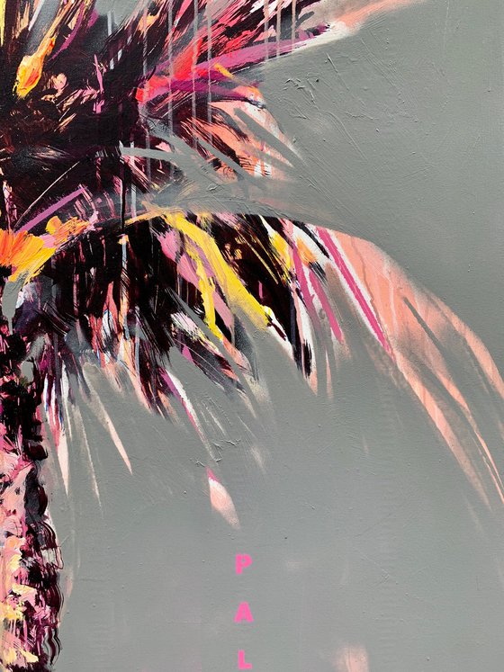 Huge XXXL painting - "PINK PALM" - Bright painting - Pop Art - Exotic - Palms - California - Sunset - Grey&Pink