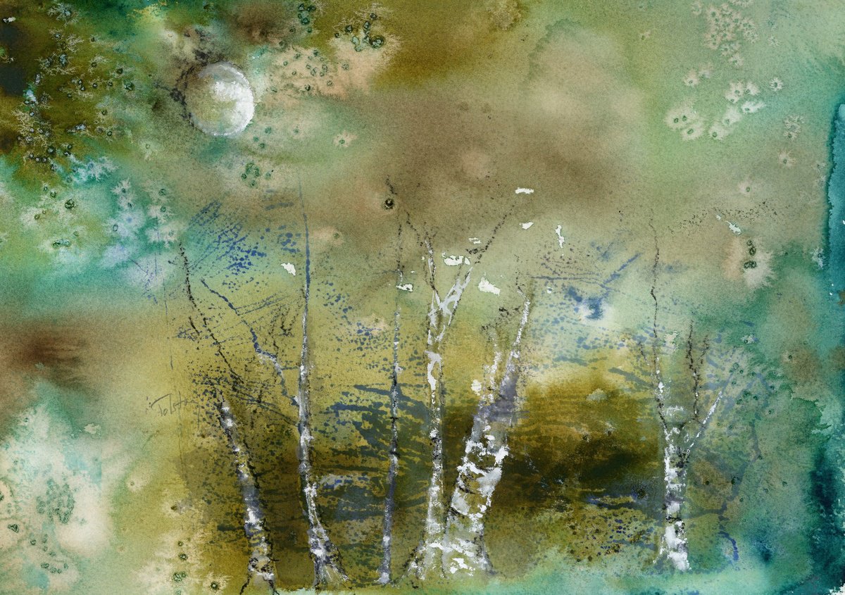 Impressionistic Landscape Watercolour By Alex Tolstoy, 14 X 9, Grove At Night, Original Artwork