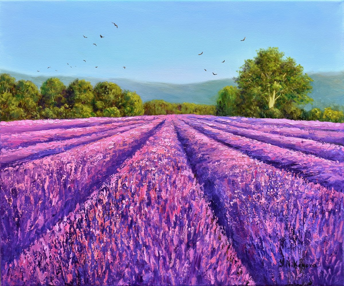 Impressionistic Landscape Oil Painting By Yulia Nikonova, 24 X 20", Flight Over Lavender Fields, Original Artwork