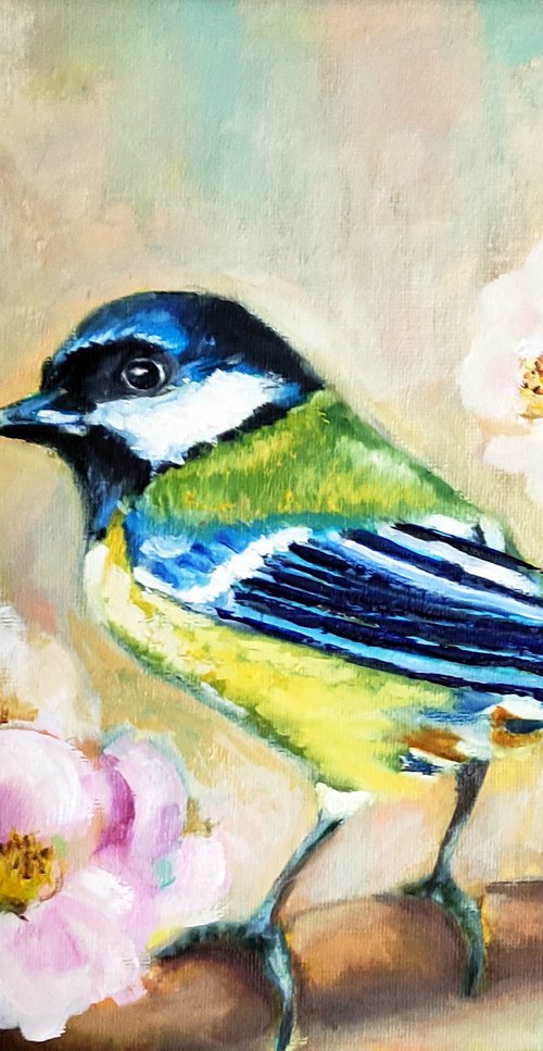 Chickadee on flowering branch by Yulia Berseneva