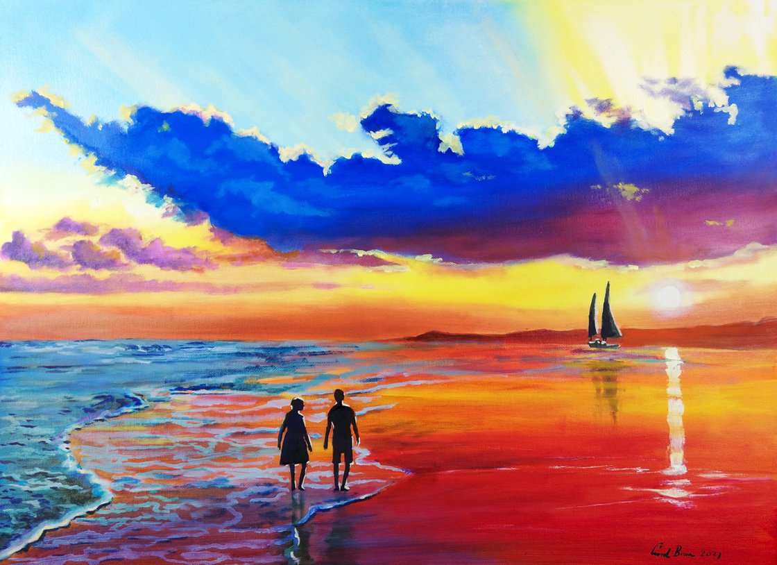 Couple Walking on Beach Path Oil Painting or Print, Sunset Over Ocean, Tropical popular Summer Art