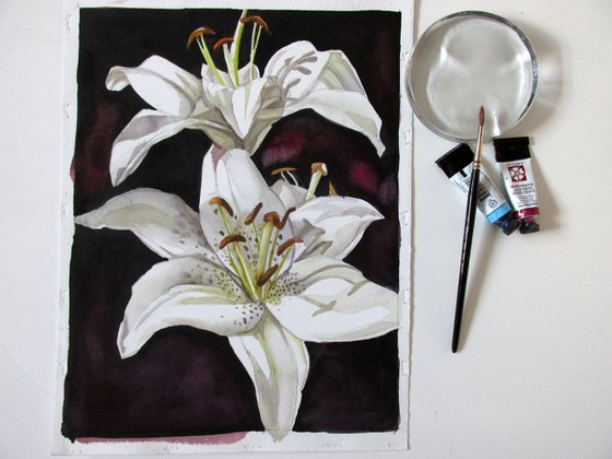 white lilies watercolor floral
